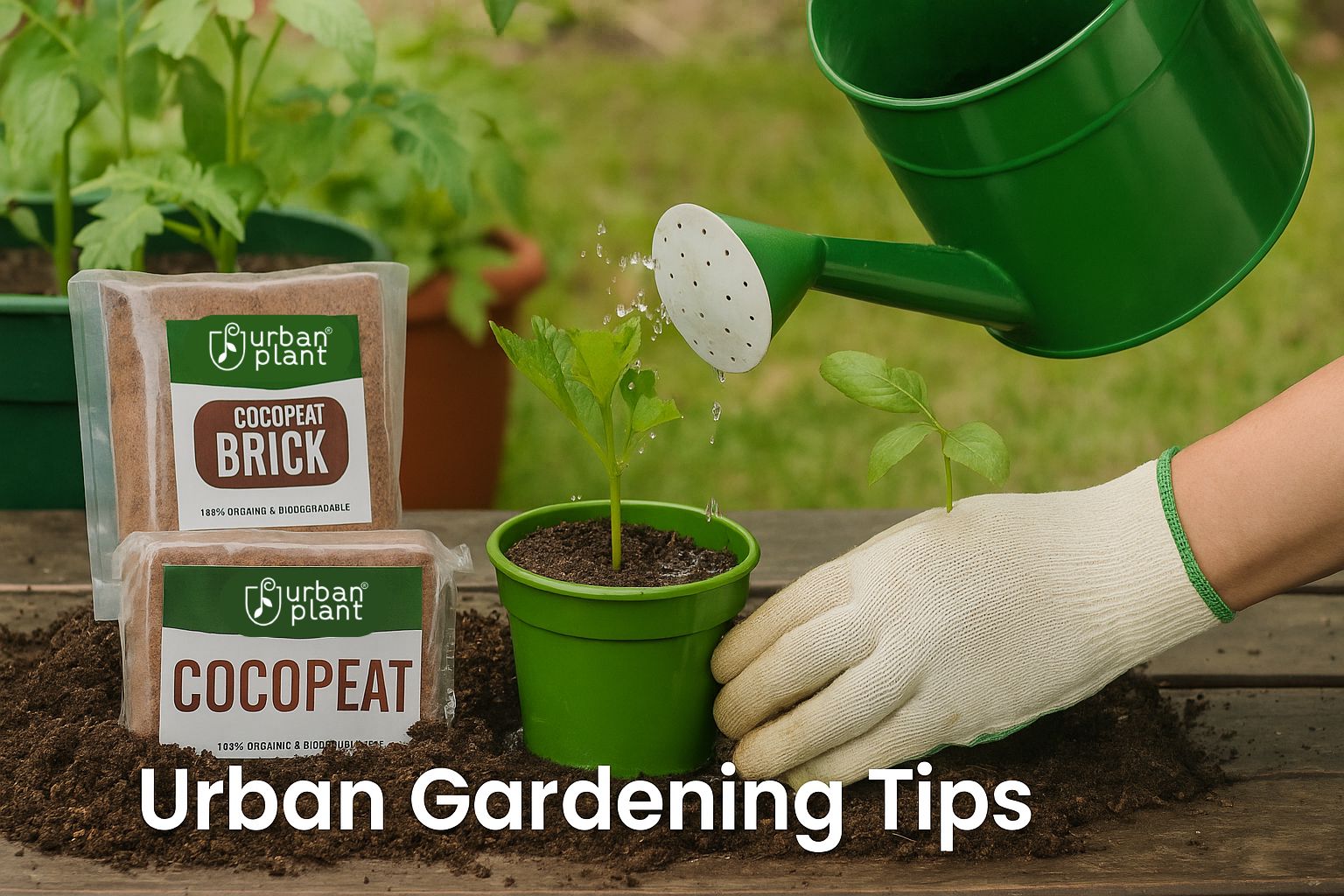 Urban Plant cocopeat is used in urban gardening with seedlings and a watering can.